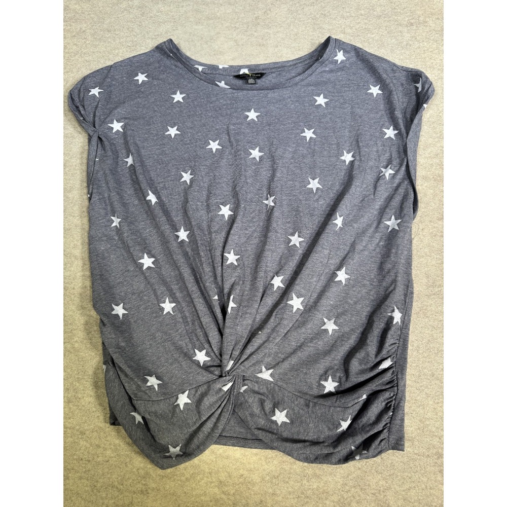 Lucky Brand T Shirt Womens Large Heather Gray Stars Print Cap Sleeve Twist Front